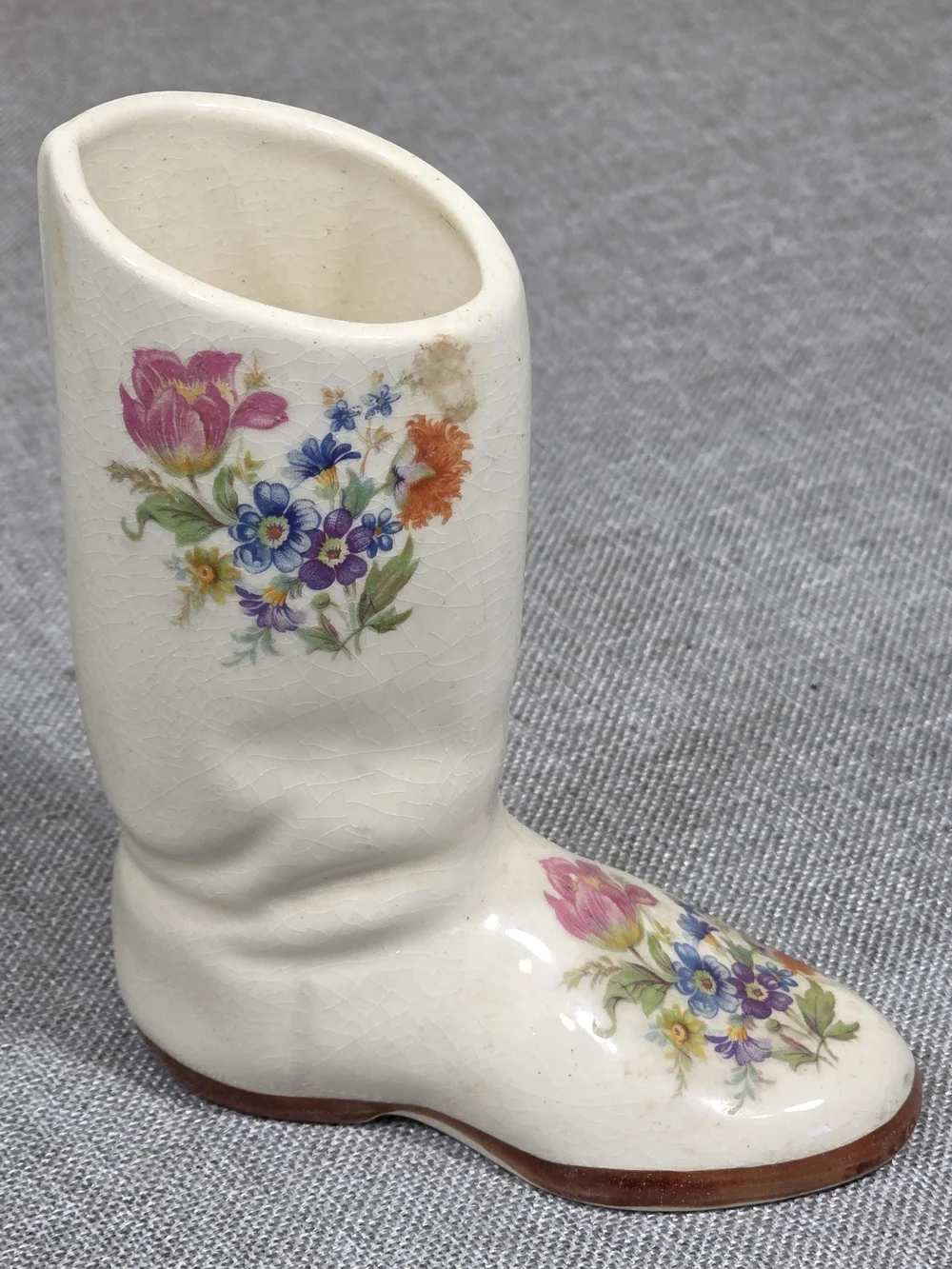 Vintage Ceramic Boot Vase Floral Crackle Glaze Cottagecore Decor